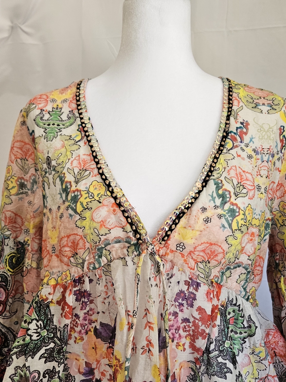 Natural Life Boho Floral Paisley Peplum Blouse S Cotton V-Neck Sequin Trim Bell - Picture 2 of 15